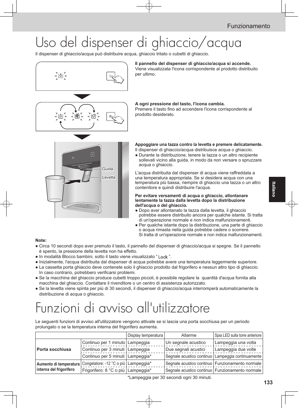 Funzioni di avviso all'utilizzatore, Uso del dispenser di ghiaccio/acqua, Funzionamento | Panasonic NRB54X1 User Manual | Page 133 / 316