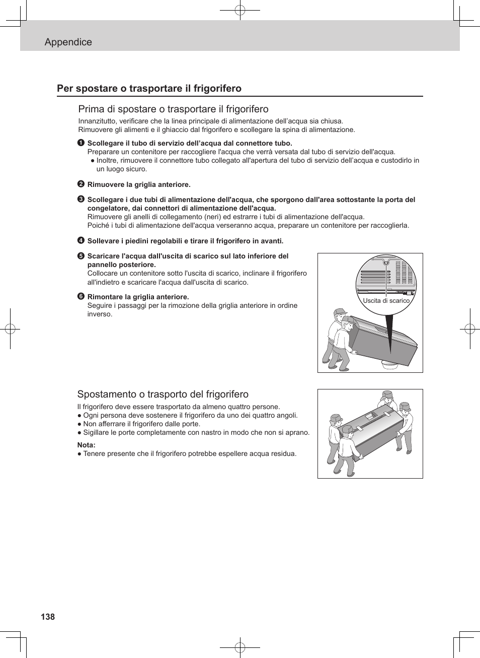 Spostamento o trasporto del frigorifero | Panasonic NRB54X1 User Manual | Page 138 / 316