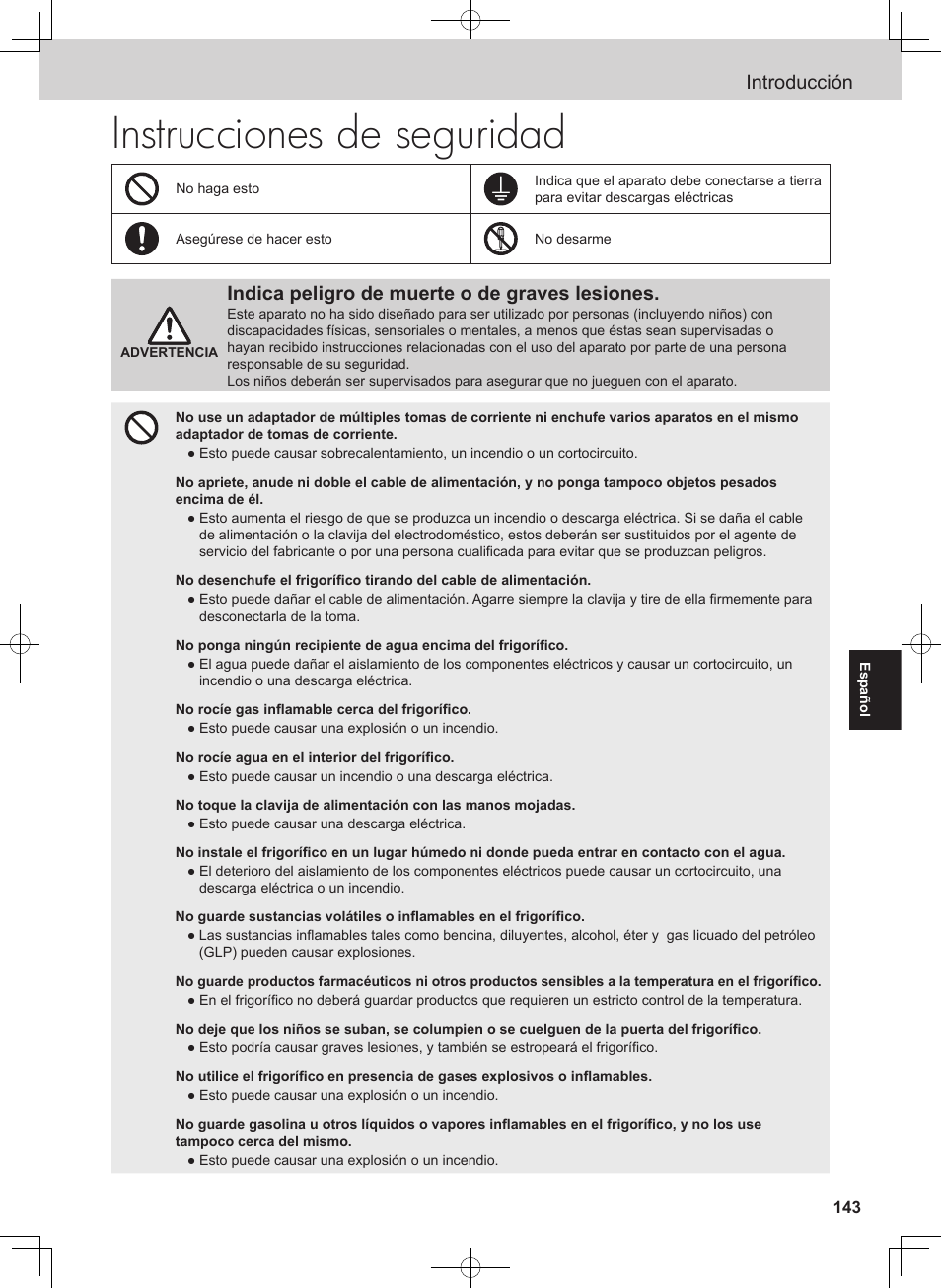 Instrucciones de seguridad, Introducción, Indica peligro de muerte o de graves lesiones | Panasonic NRB54X1 User Manual | Page 143 / 316