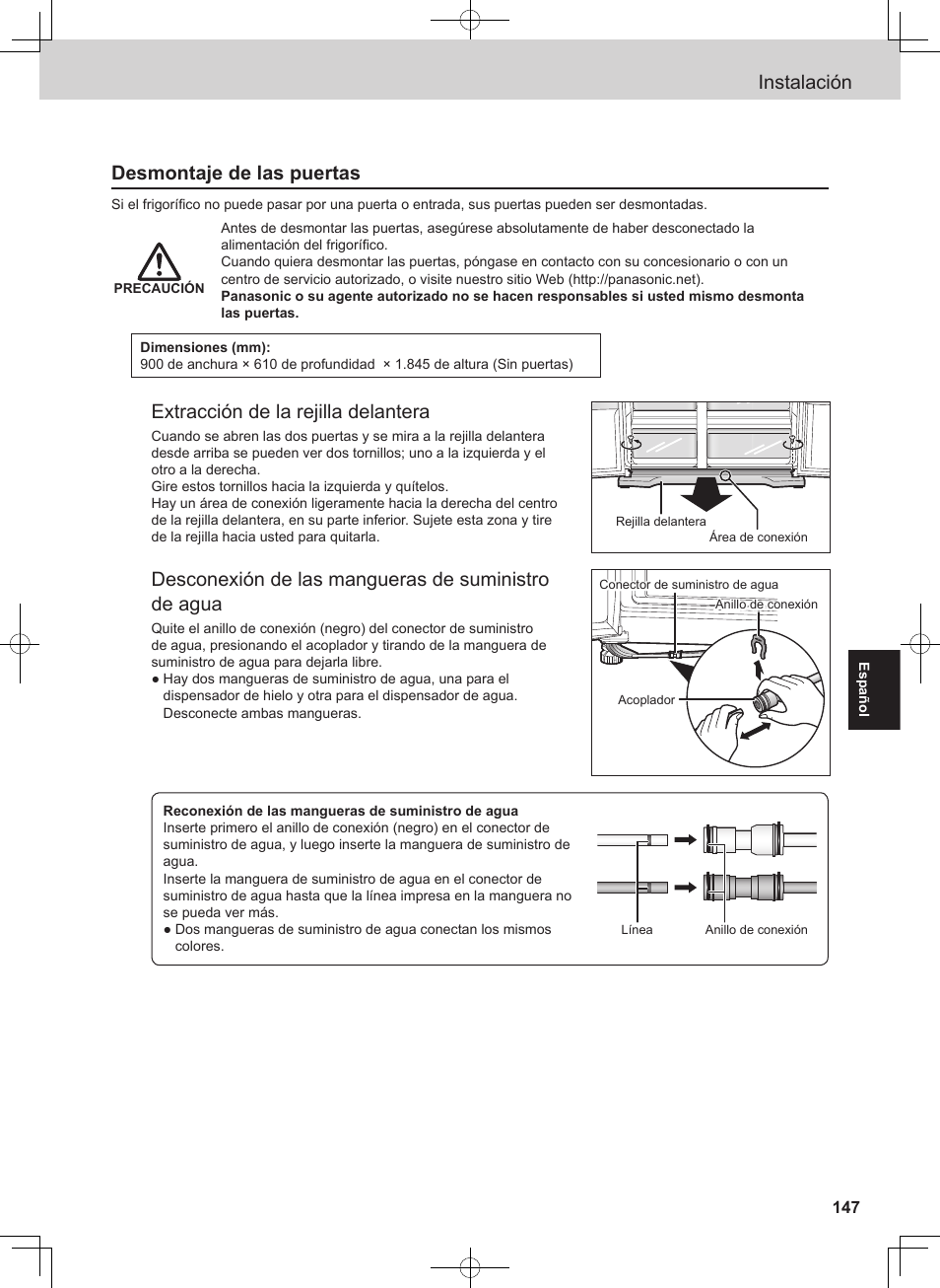 Instalación, Desmontaje de las puertas, Extracción de la rejilla delantera | Desconexión de las mangueras de suministro de agua | Panasonic NRB54X1 User Manual | Page 147 / 316