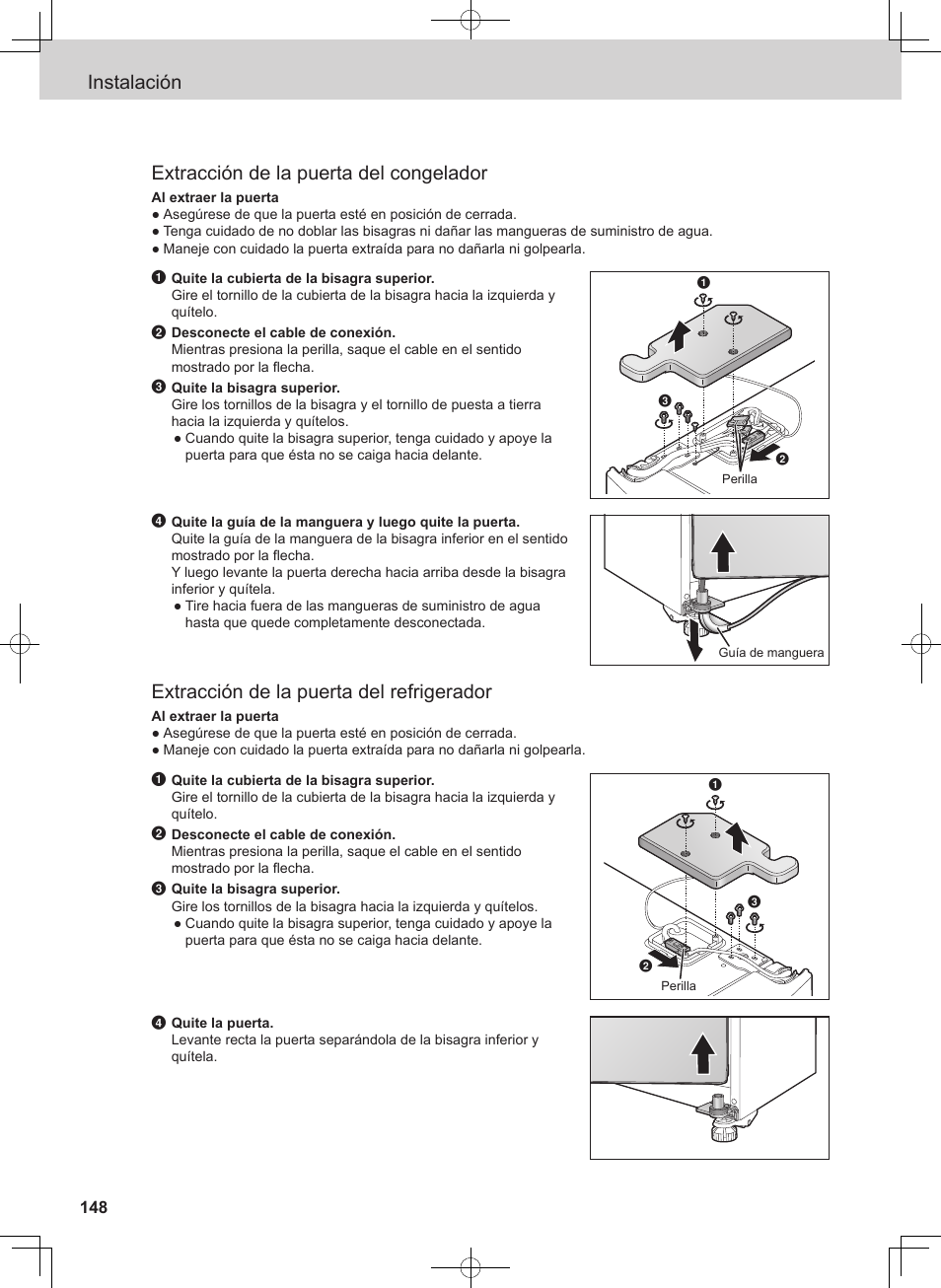 Instalación extracción de la puerta del congelador, Extracción de la puerta del refrigerador | Panasonic NRB54X1 User Manual | Page 148 / 316