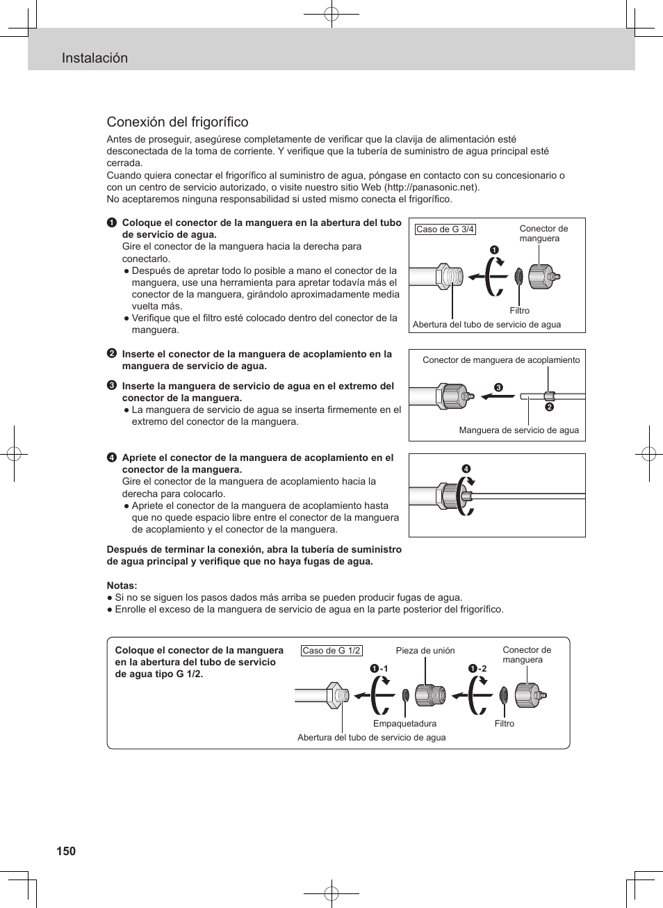 Instalación conexión del frigorífico | Panasonic NRB54X1 User Manual | Page 150 / 316