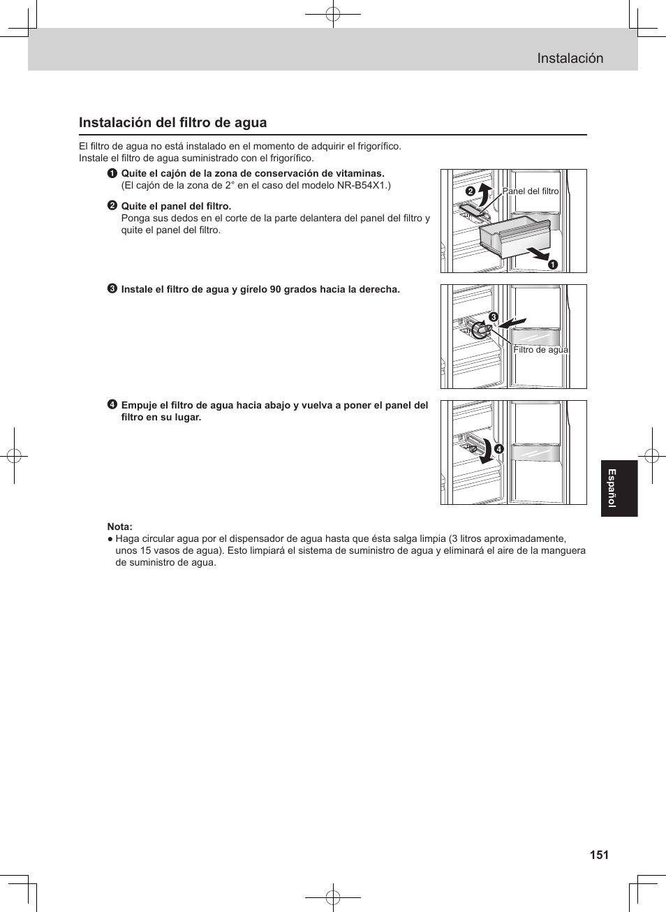 Instalación, Instalación del filtro de agua | Panasonic NRB54X1 User Manual | Page 151 / 316