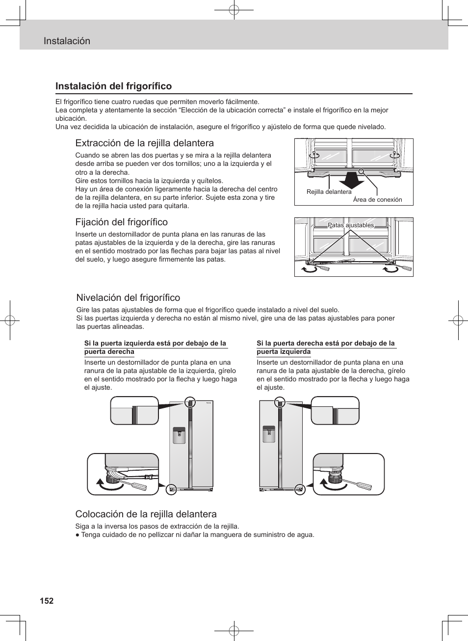 Instalación instalación del frigorífico, Extracción de la rejilla delantera, Fijación del frigorífico | Nivelación del frigorífico, Colocación de la rejilla delantera | Panasonic NRB54X1 User Manual | Page 152 / 316