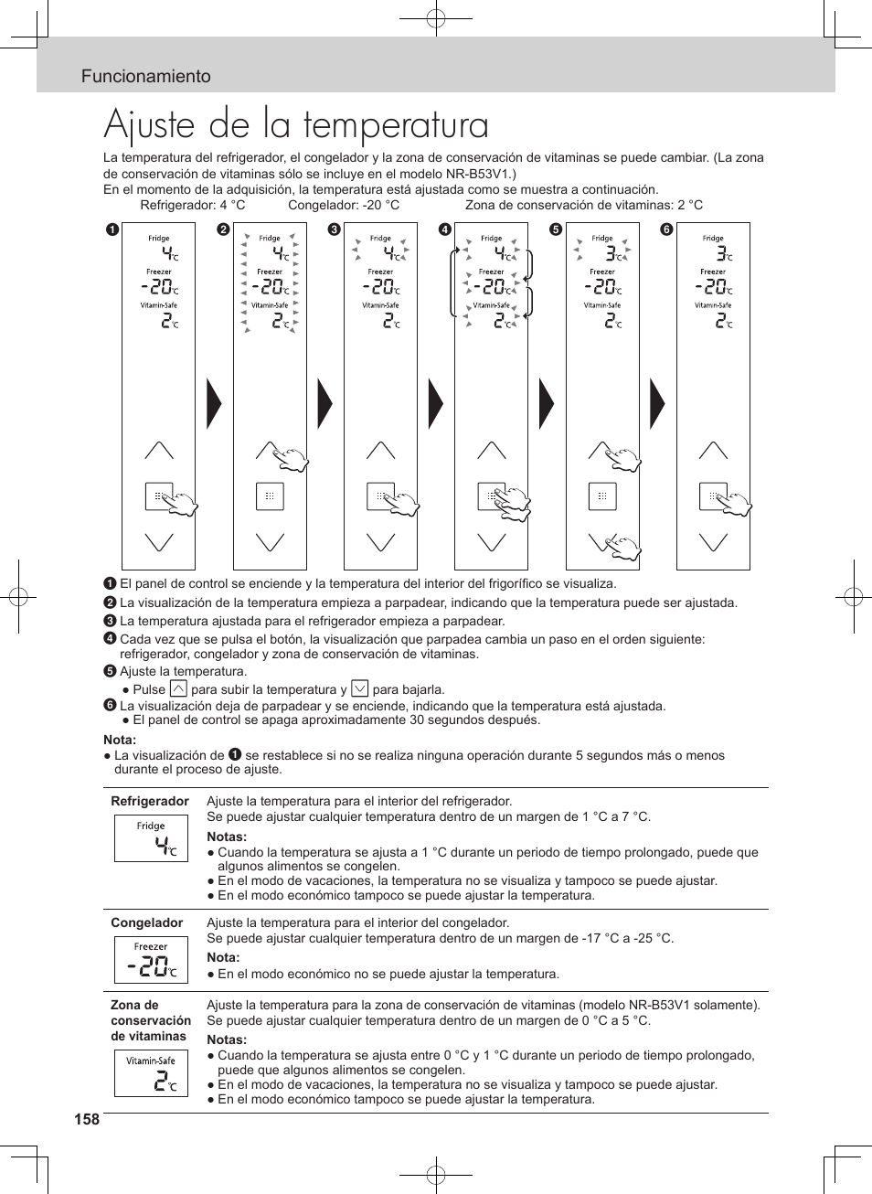 Ajuste de la temperatura, Funcionamiento | Panasonic NRB54X1 User Manual | Page 158 / 316