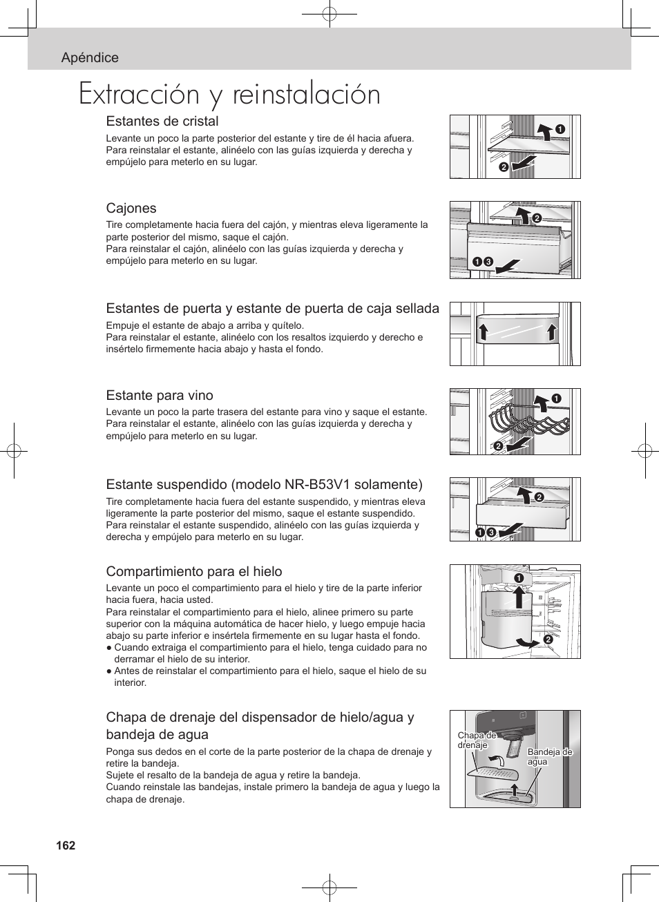 Extracción y reinstalación, Apéndice estantes de cristal, Cajones | Estante para vino, Estante suspendido (modelo nr-b53v1 solamente), Compartimiento para el hielo | Panasonic NRB54X1 User Manual | Page 162 / 316