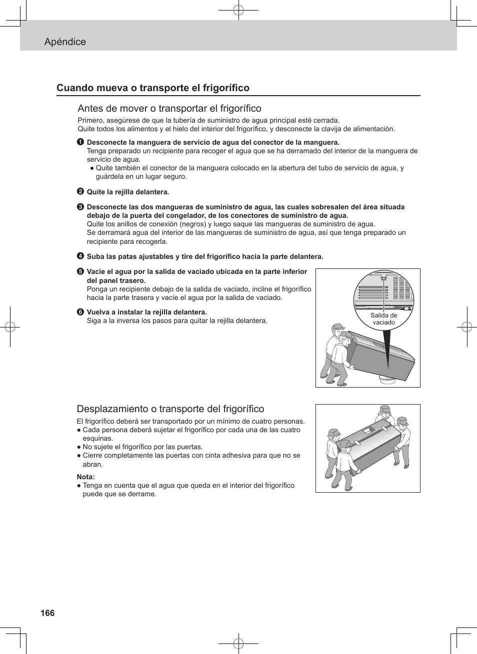 Desplazamiento o transporte del frigorífico | Panasonic NRB54X1 User Manual | Page 166 / 316