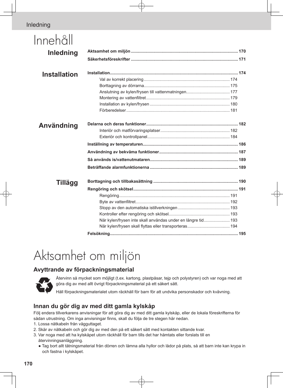 Aktsamhet om miljön, Innehåll, Inledning | Installation, Användning, Tillägg | Panasonic NRB54X1 User Manual | Page 170 / 316