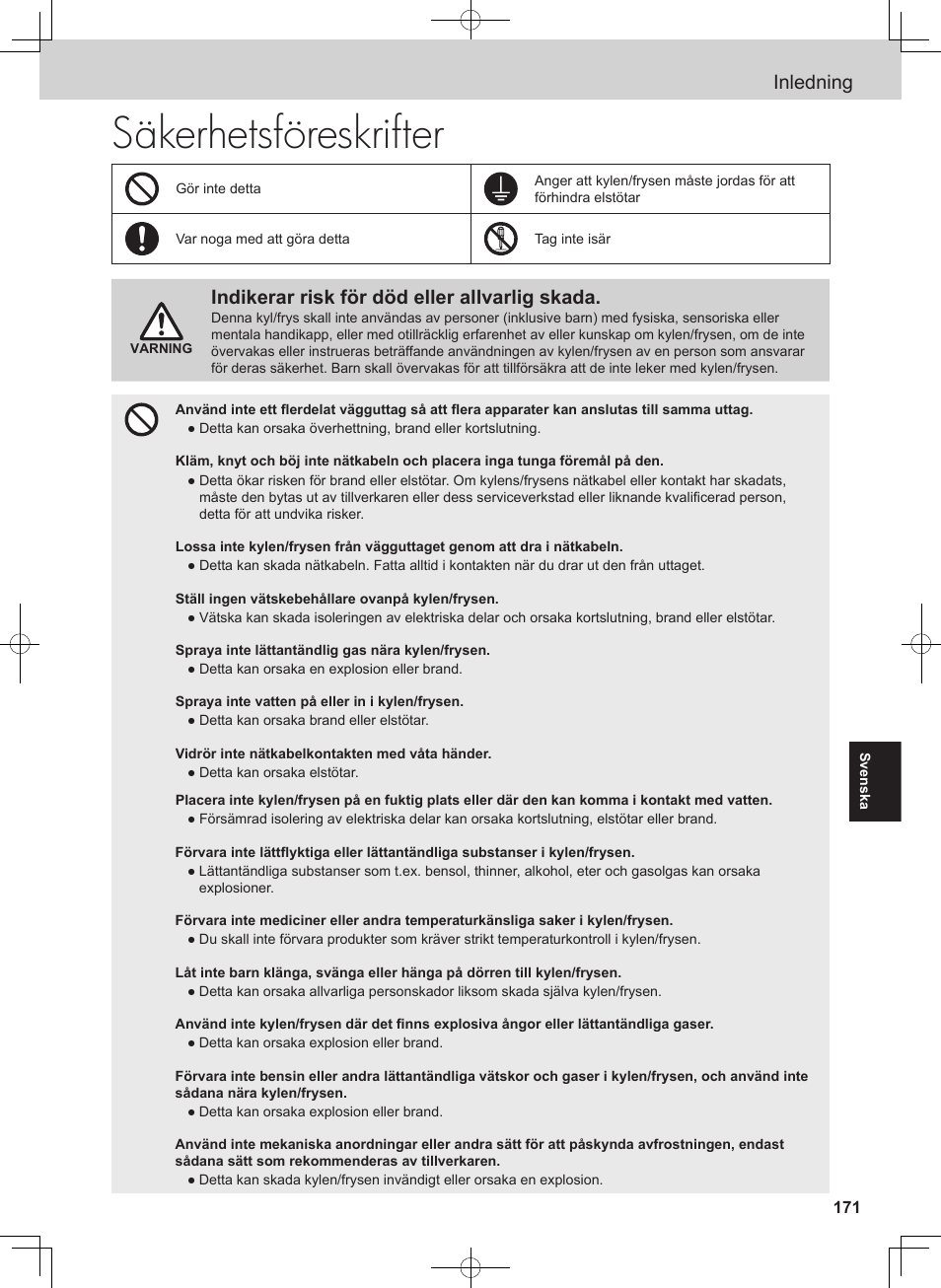 Säkerhetsföreskrifter, Inledning, Indikerar risk för död eller allvarlig skada | Panasonic NRB54X1 User Manual | Page 171 / 316