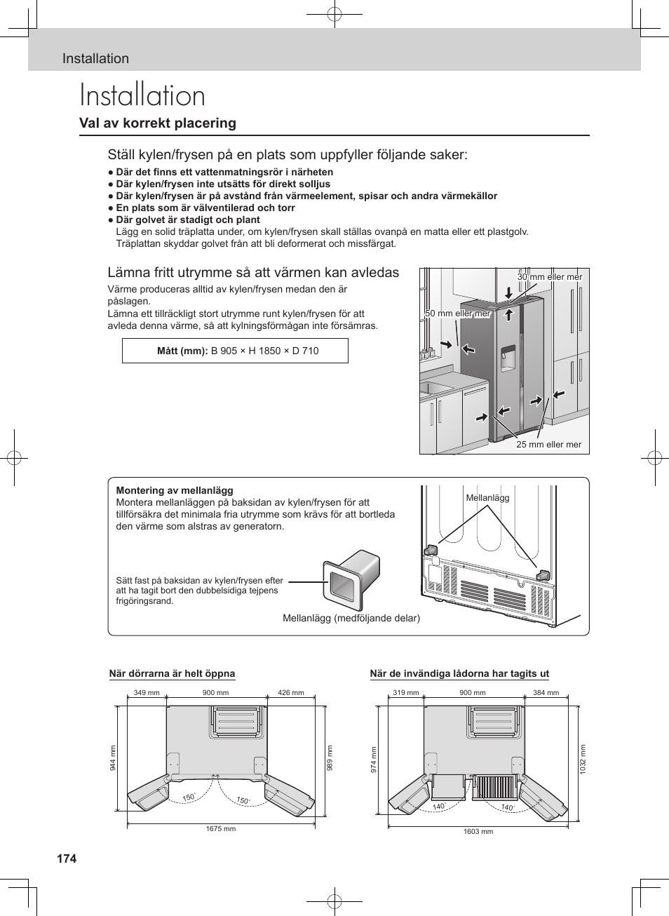 Installation, Lämna fritt utrymme så att värmen kan avledas | Panasonic NRB54X1 User Manual | Page 174 / 316