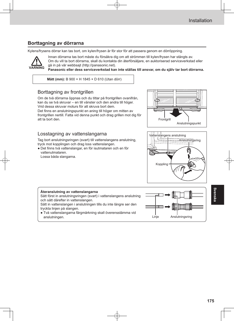 Installation, Borttagning av dörrarna, Borttagning av frontgrillen | Losstagning av vattenslangarna | Panasonic NRB54X1 User Manual | Page 175 / 316
