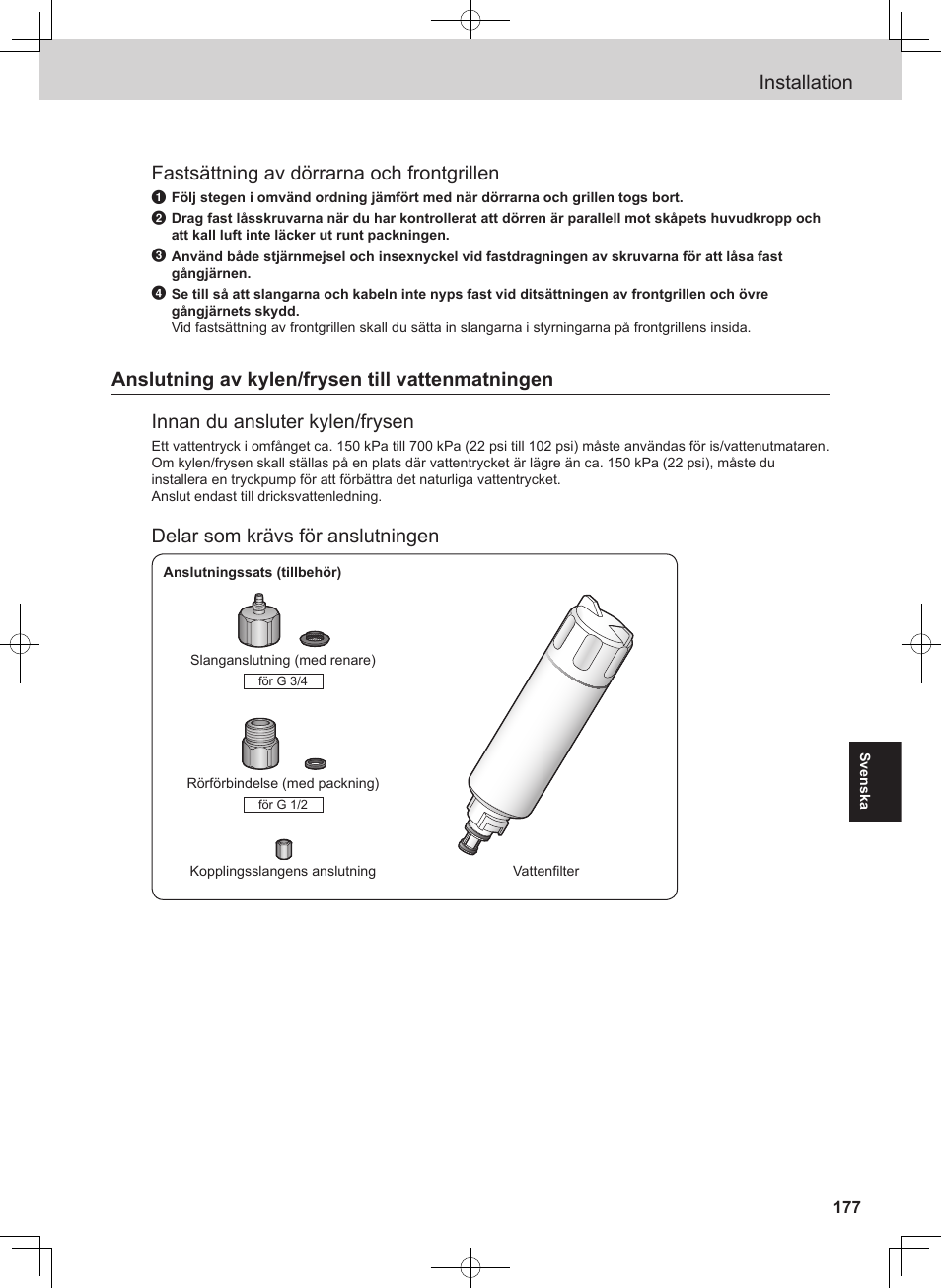 Installation, Fastsättning av dörrarna och frontgrillen, Delar som krävs för anslutningen | Panasonic NRB54X1 User Manual | Page 177 / 316