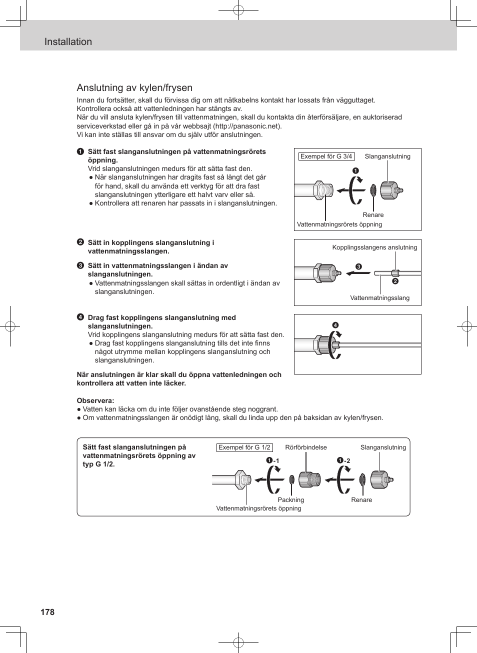 Installation anslutning av kylen/frysen | Panasonic NRB54X1 User Manual | Page 178 / 316