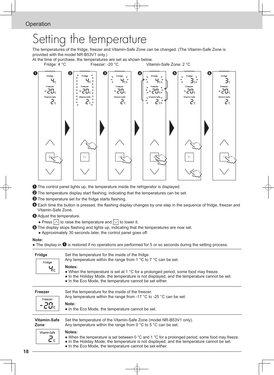 Setting the temperature, Operation | Panasonic NRB54X1 User Manual | Page 18 / 316
