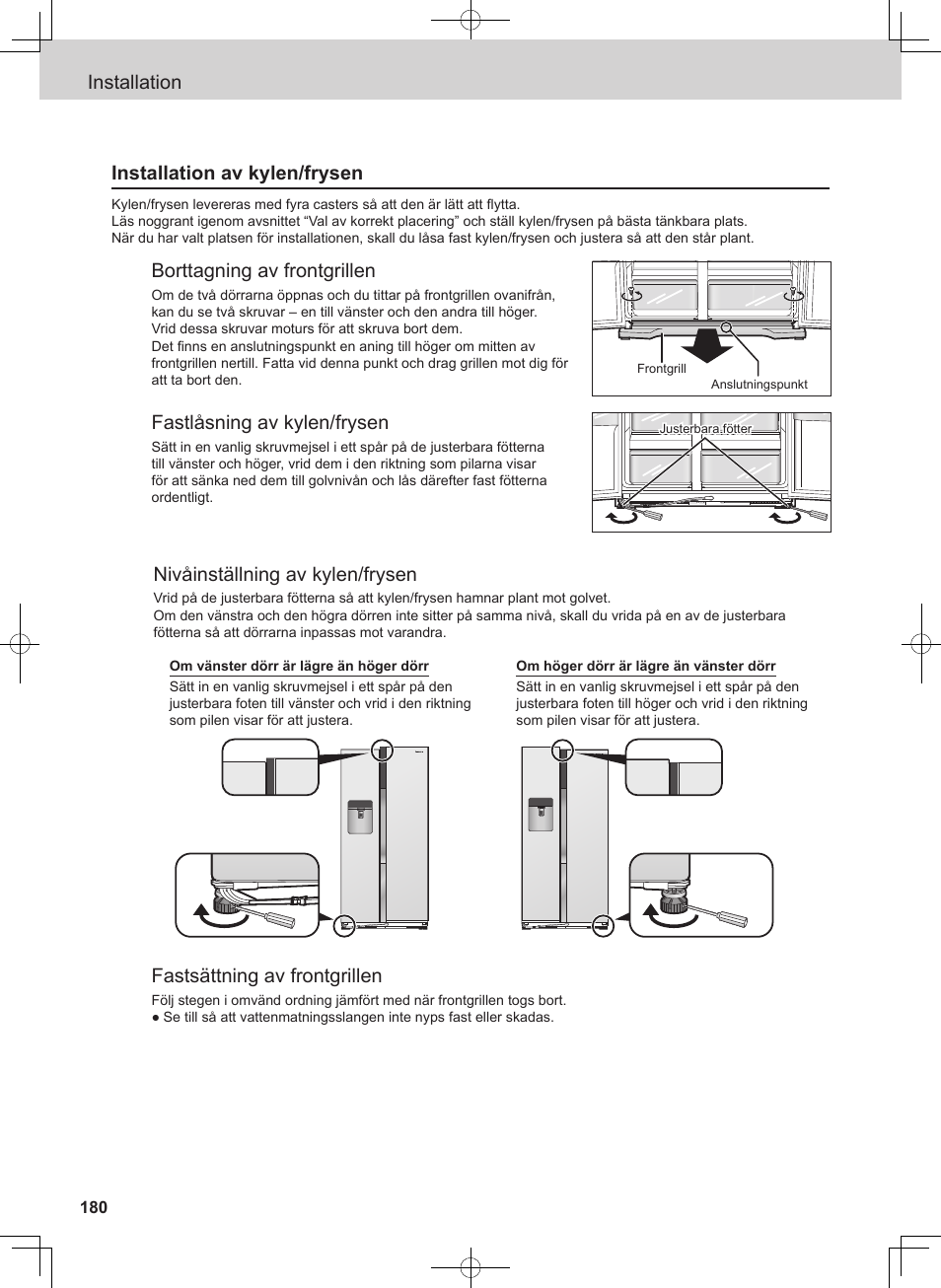Installation installation av kylen/frysen, Borttagning av frontgrillen, Fastlåsning av kylen/frysen | Nivåinställning av kylen/frysen, Fastsättning av frontgrillen | Panasonic NRB54X1 User Manual | Page 180 / 316