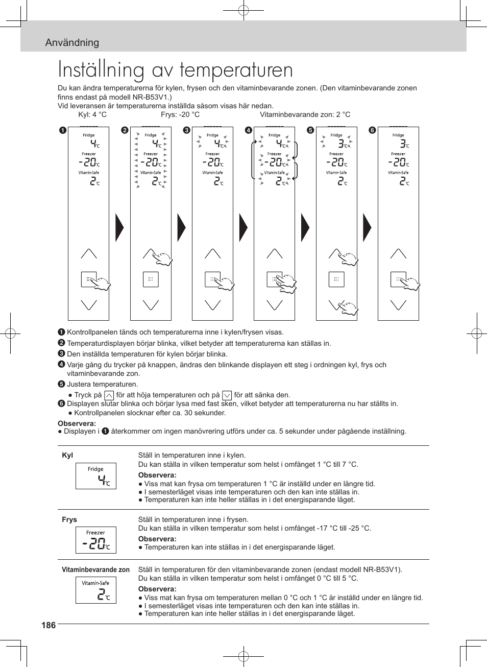 Inställning av temperaturen, Användning | Panasonic NRB54X1 User Manual | Page 186 / 316