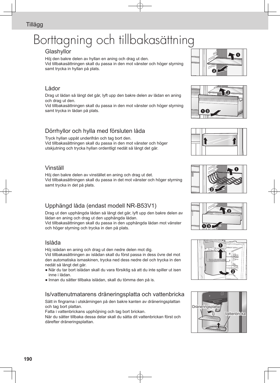 Borttagning och tillbakasättning, Tillägg glashyllor, Lådor | Dörrhyllor och hylla med försluten låda, Vinställ, Upphängd låda (endast modell nr-b53v1), Islåda | Panasonic NRB54X1 User Manual | Page 190 / 316