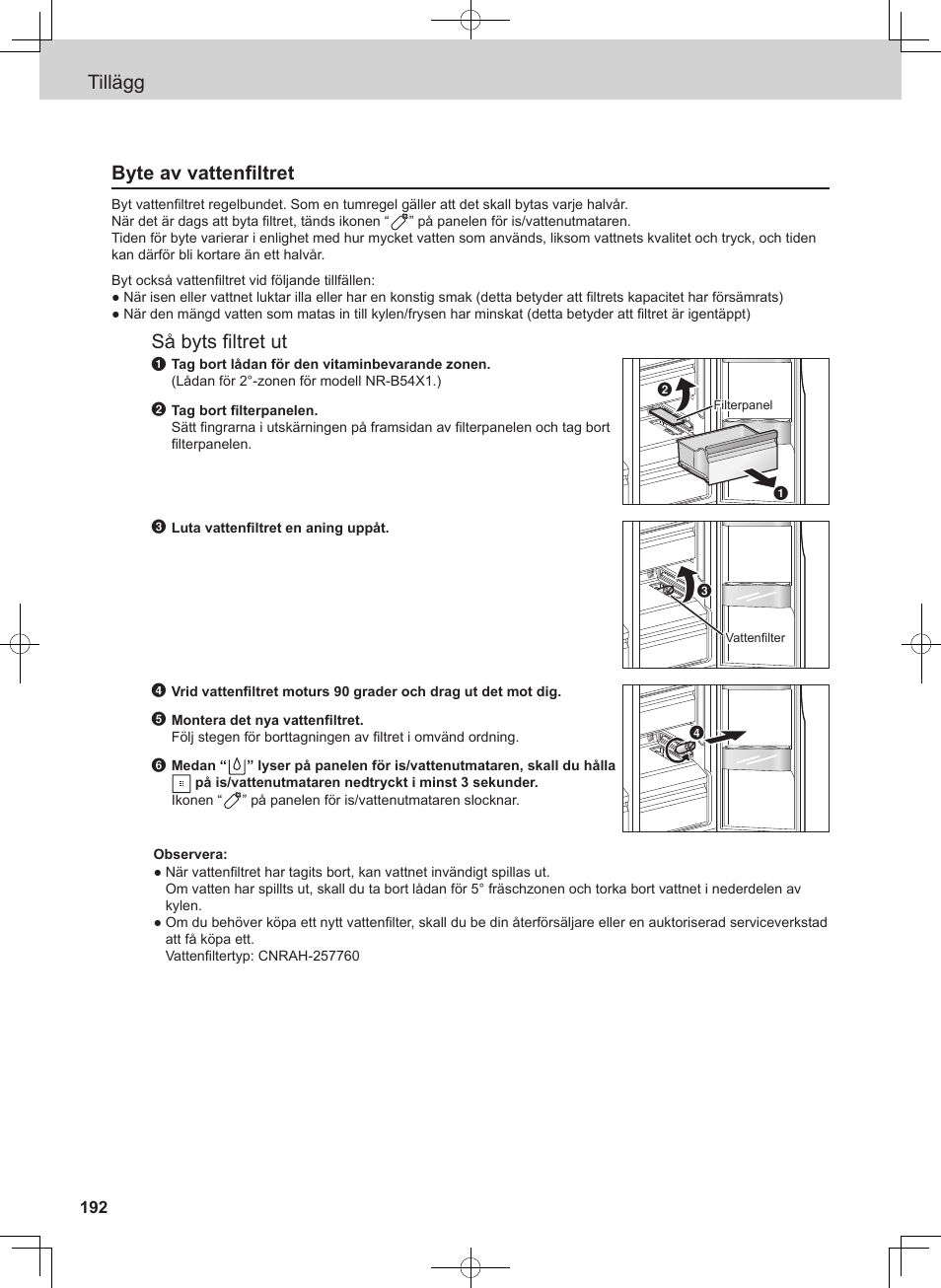 Tillägg byte av vattenfiltret, Så byts filtret ut | Panasonic NRB54X1 User Manual | Page 192 / 316