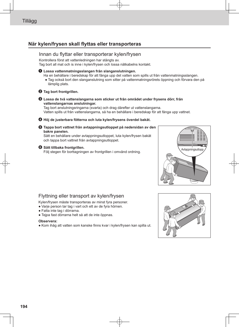 Flyttning eller transport av kylen/frysen | Panasonic NRB54X1 User Manual | Page 194 / 316