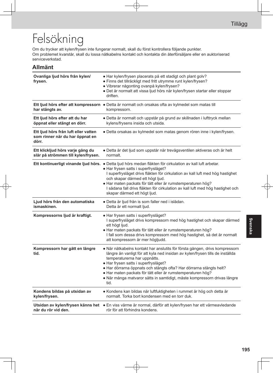 Felsökning, Tillägg, Allmänt | Panasonic NRB54X1 User Manual | Page 195 / 316