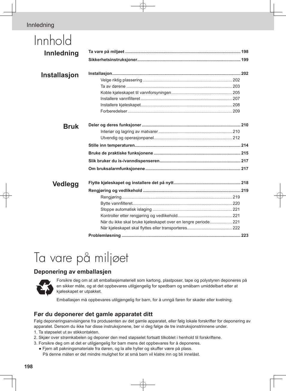 Ta vare på miljøet, Innhold, Innledning | Installasjon, Bruk, Vedlegg | Panasonic NRB54X1 User Manual | Page 198 / 316