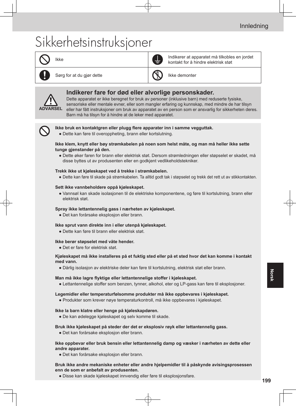 Sikkerhetsinstruksjoner, Innledning | Panasonic NRB54X1 User Manual | Page 199 / 316