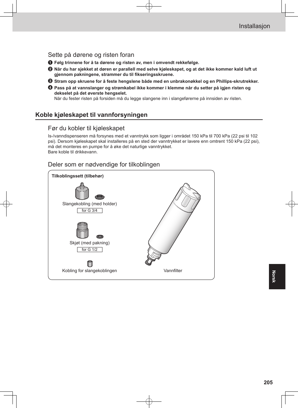 Installasjon, Sette på dørene og risten foran, Deler som er nødvendige for tilkoblingen | Panasonic NRB54X1 User Manual | Page 205 / 316