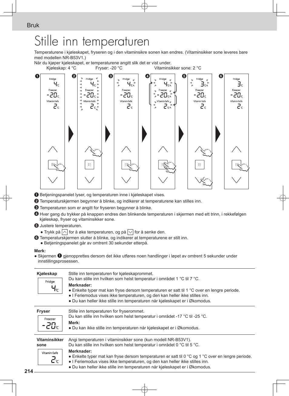 Stille inn temperaturen, Bruk | Panasonic NRB54X1 User Manual | Page 214 / 316