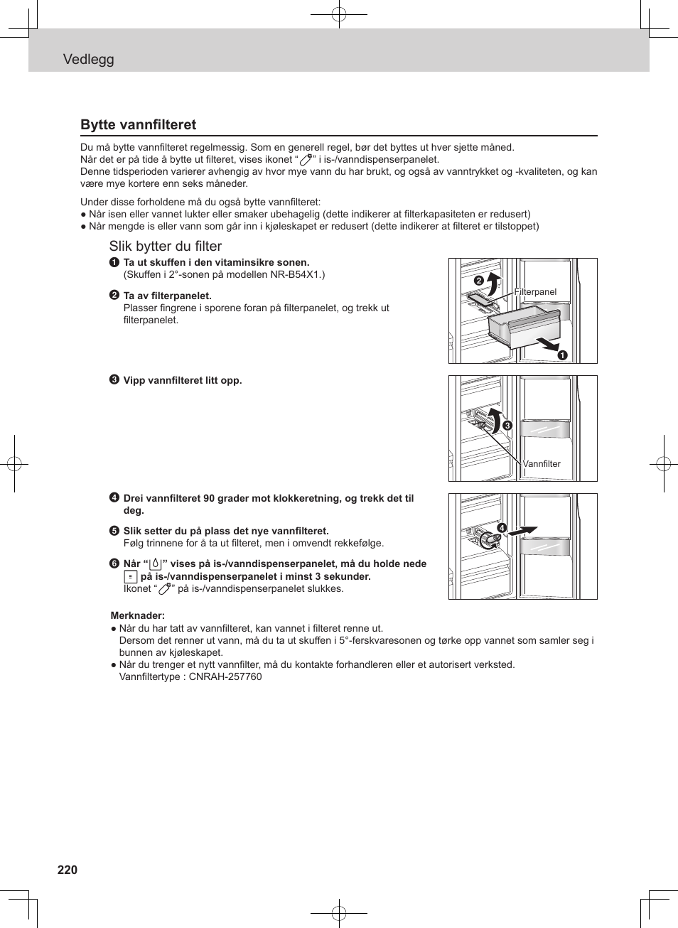 Vedlegg bytte vannfilteret, Slik bytter du filter | Panasonic NRB54X1 User Manual | Page 220 / 316