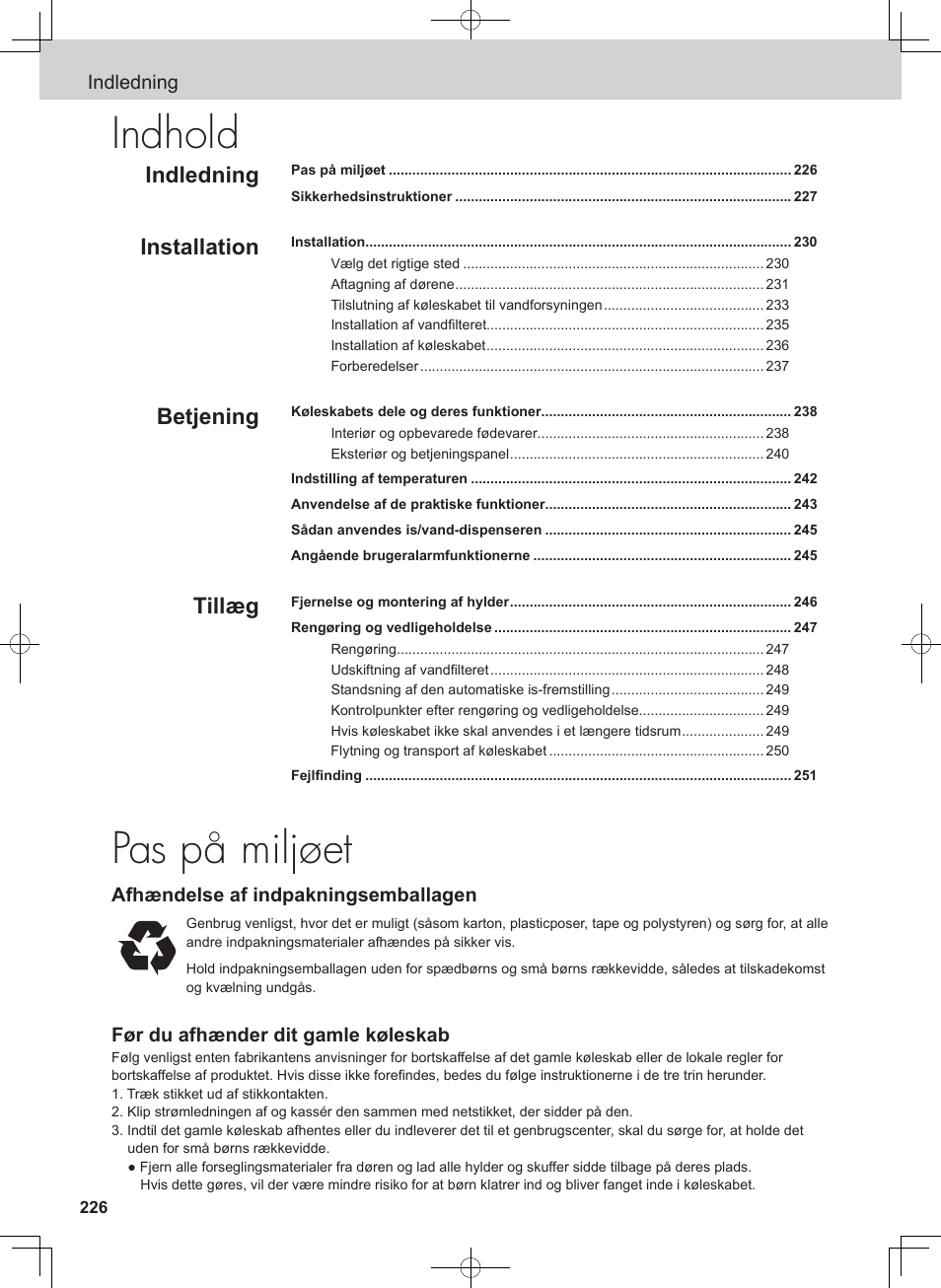 Pas på miljøet, Indhold, Indledning | Installation, Betjening, Tillæg | Panasonic NRB54X1 User Manual | Page 226 / 316