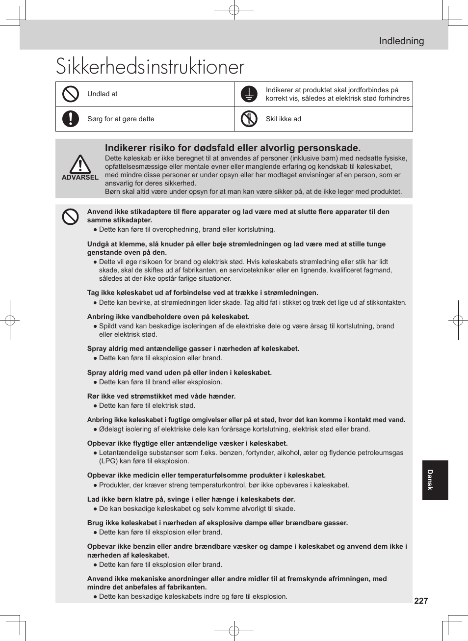 Sikkerhedsinstruktioner, Indledning | Panasonic NRB54X1 User Manual | Page 227 / 316