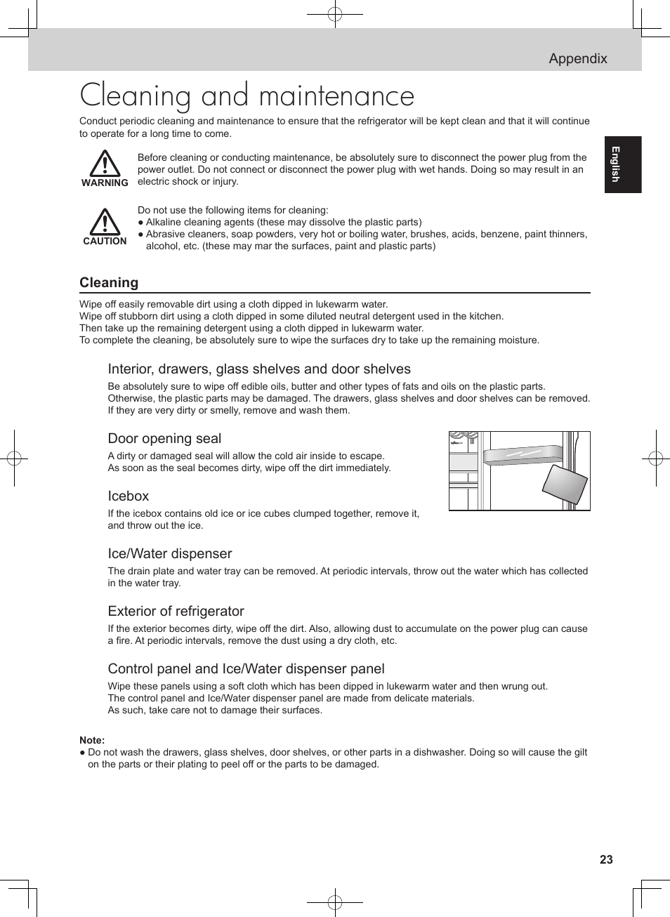 Cleaning and maintenance, Appendix, Cleaning | Interior, drawers, glass shelves and door shelves, Door opening seal, Icebox, Ice/water dispenser, Exterior of refrigerator, Control panel and ice/water dispenser panel | Panasonic NRB54X1 User Manual | Page 23 / 316