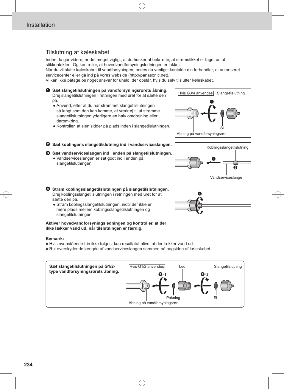 Installation tilslutning af køleskabet | Panasonic NRB54X1 User Manual | Page 234 / 316