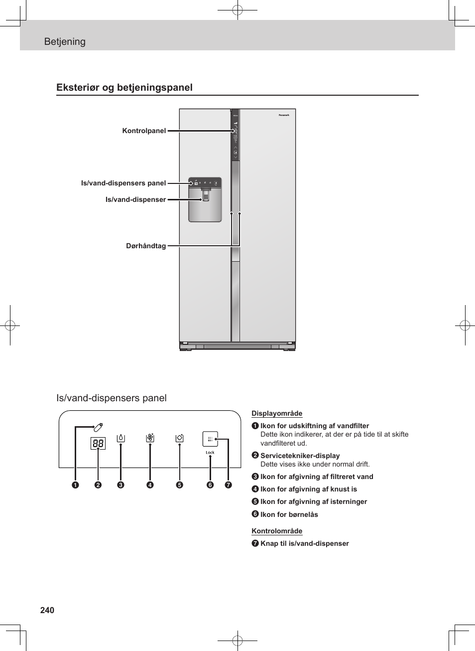 Betjening is/vand-dispensers panel, Eksteriør og betjeningspanel | Panasonic NRB54X1 User Manual | Page 240 / 316