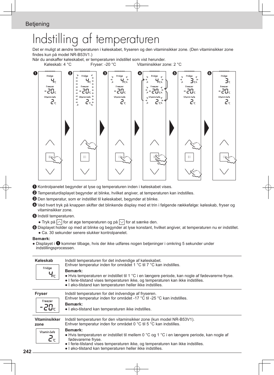 Indstilling af temperaturen, Betjening | Panasonic NRB54X1 User Manual | Page 242 / 316
