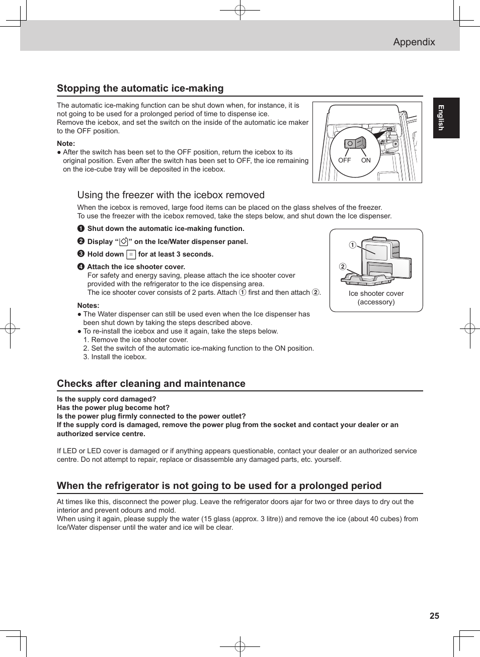 Appendix stopping the automatic ice-making, Using the freezer with the icebox removed, Checks after cleaning and maintenance | Panasonic NRB54X1 User Manual | Page 25 / 316