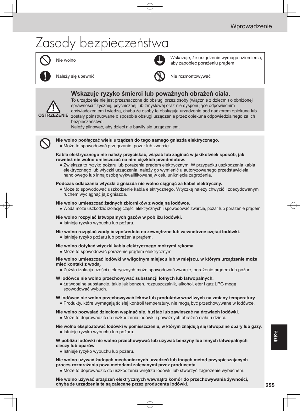 Zasady bezpieczeństwa, Wprowadzenie | Panasonic NRB54X1 User Manual | Page 255 / 316