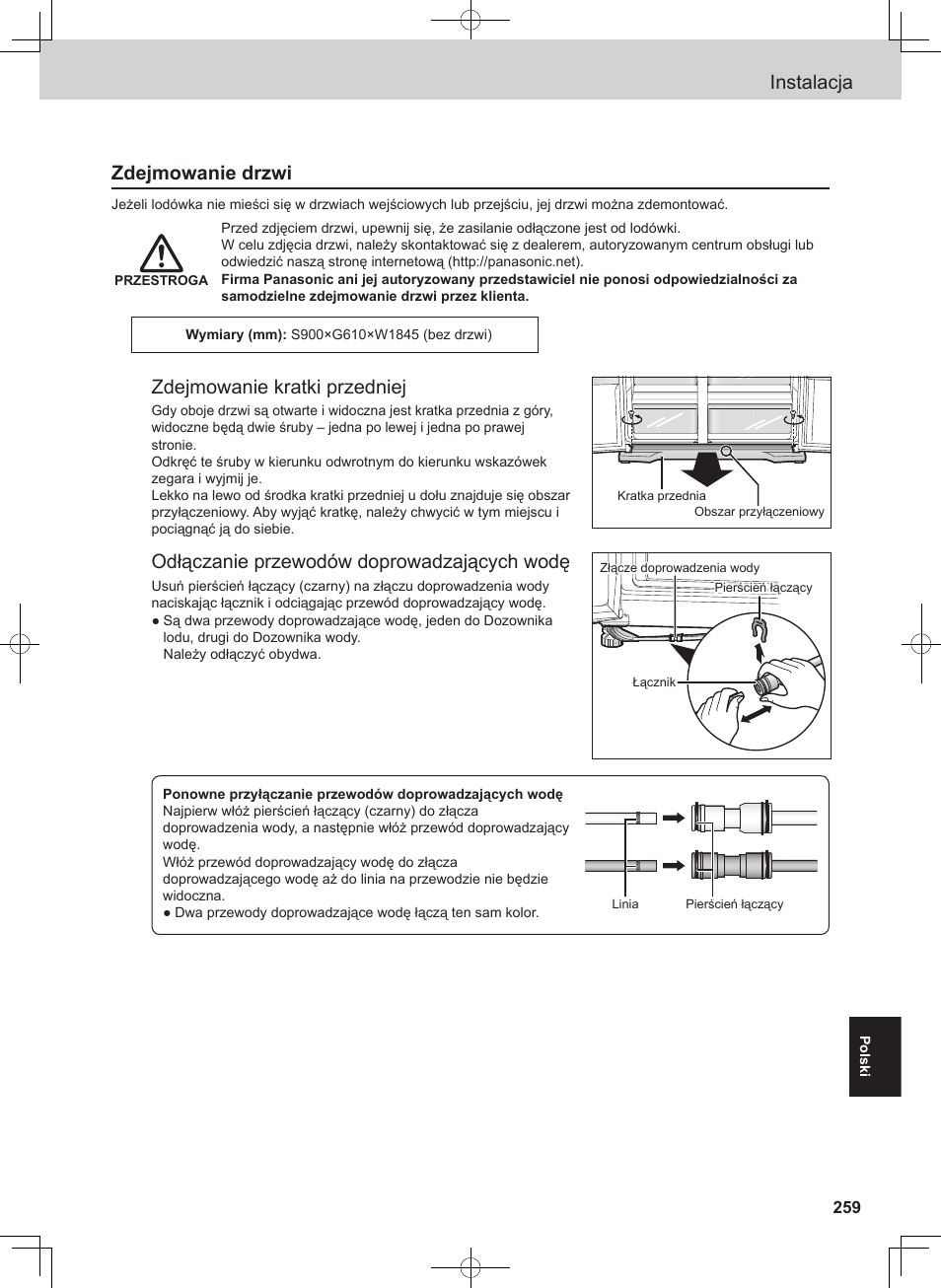 Instalacja, Zdejmowanie drzwi, Zdejmowanie kratki przedniej | Odłączanie przewodów doprowadzających wodę | Panasonic NRB54X1 User Manual | Page 259 / 316