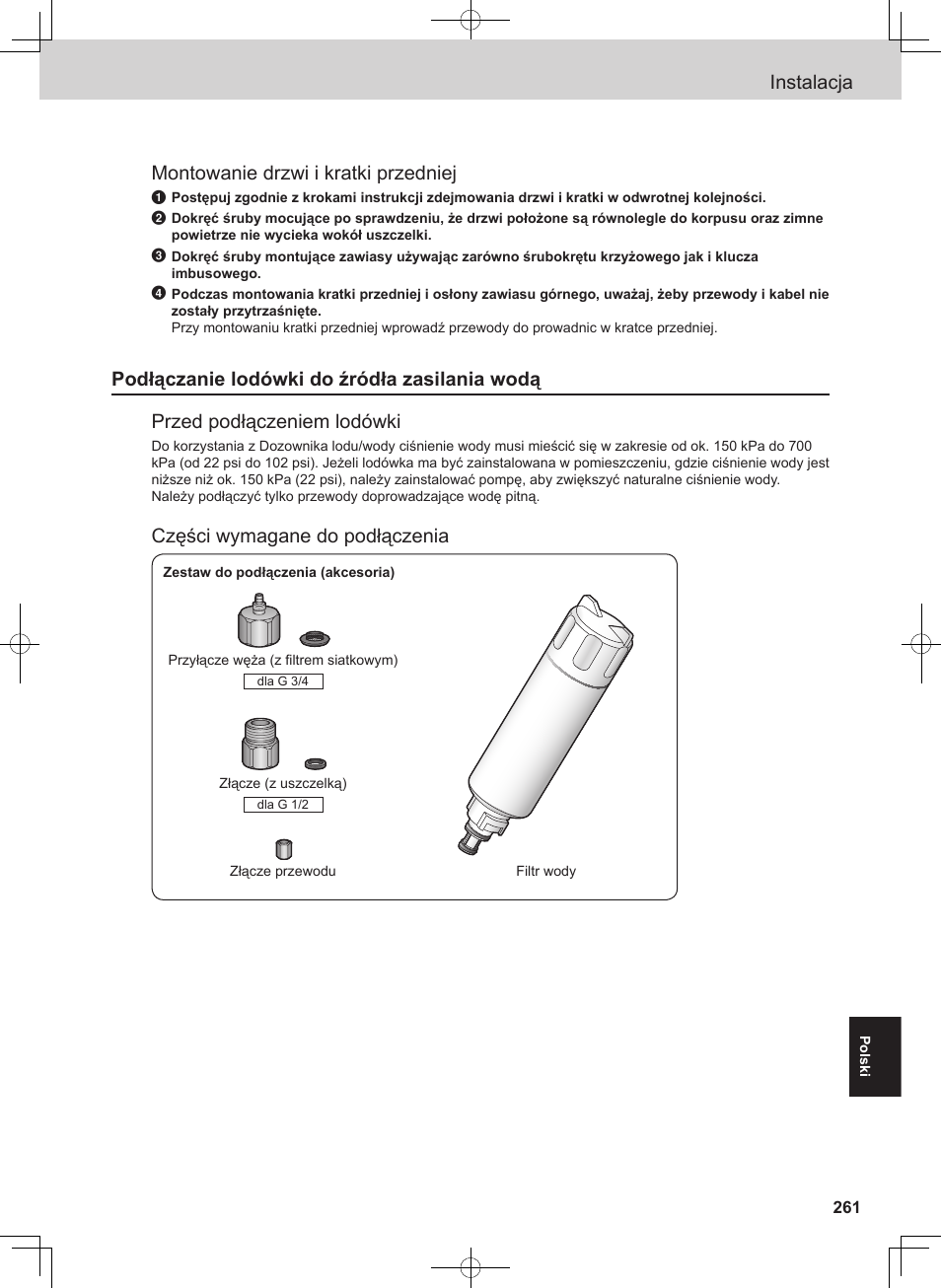 Instalacja, Montowanie drzwi i kratki przedniej, Części wymagane do podłączenia | Panasonic NRB54X1 User Manual | Page 261 / 316
