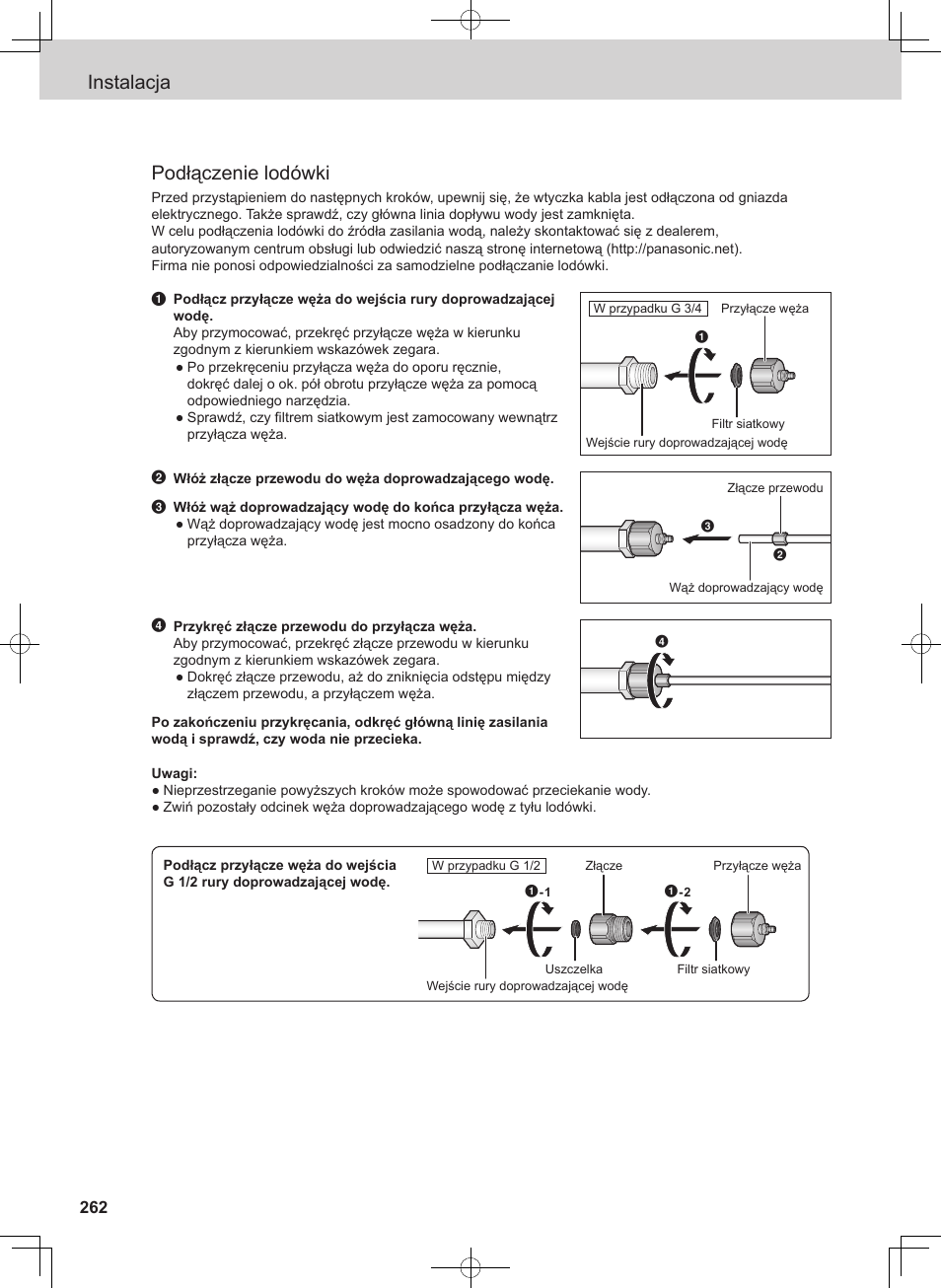 Instalacja podłączenie lodówki | Panasonic NRB54X1 User Manual | Page 262 / 316