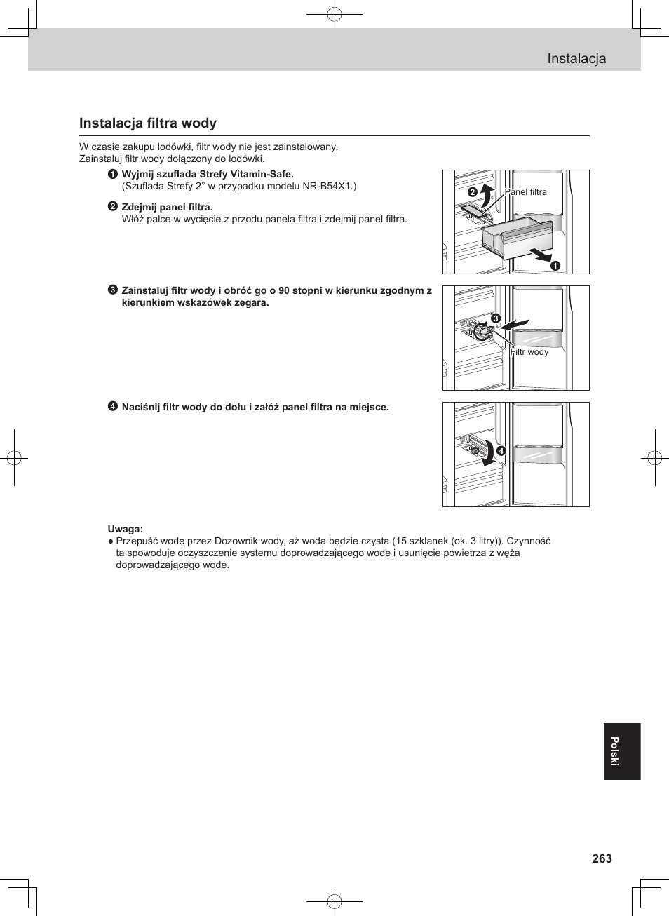 Instalacja, Instalacja filtra wody | Panasonic NRB54X1 User Manual | Page 263 / 316
