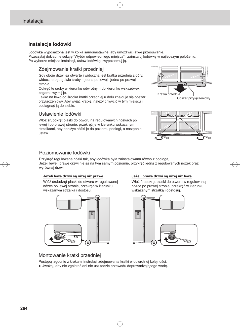 Instalacja instalacja lodówki, Zdejmowanie kratki przedniej, Ustawienie lodówki | Poziomowanie lodówki, Montowanie kratki przedniej | Panasonic NRB54X1 User Manual | Page 264 / 316