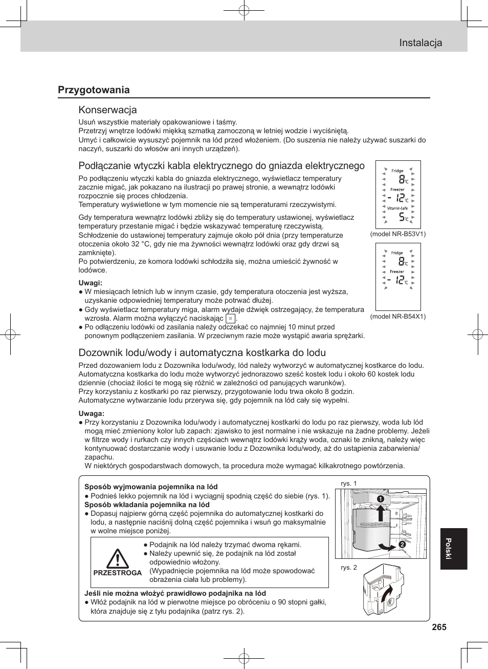Instalacja, Przygotowania konserwacja | Panasonic NRB54X1 User Manual | Page 265 / 316