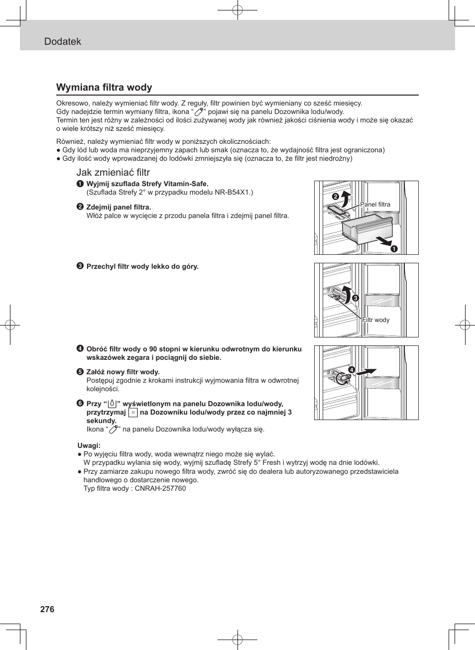Dodatek wymiana filtra wody, Jak zmieniać filtr | Panasonic NRB54X1 User Manual | Page 276 / 316
