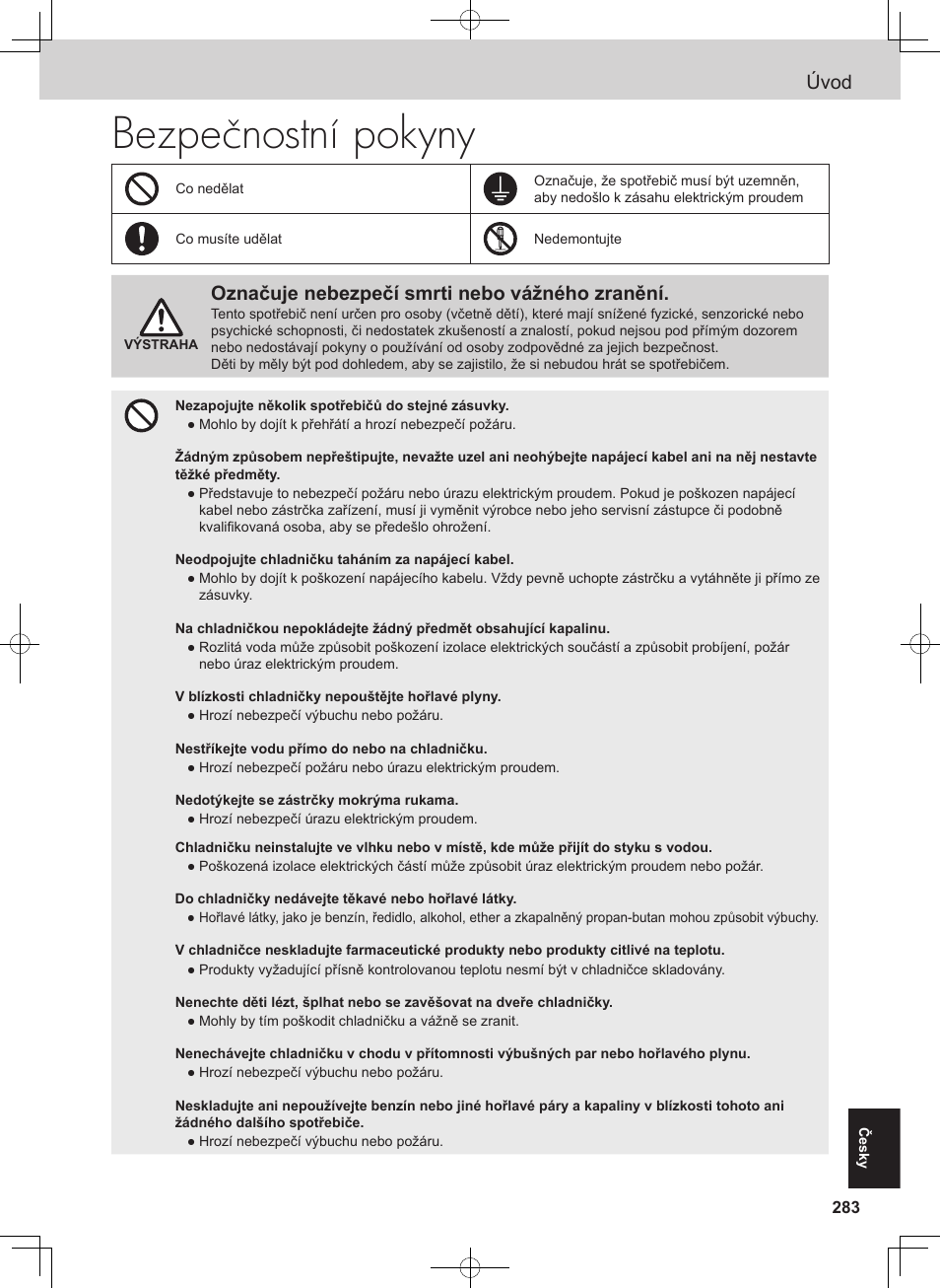 Bezpečnostní pokyny, Úvod, Označuje nebezpečí smrti nebo vážného zranění | Panasonic NRB54X1 User Manual | Page 283 / 316