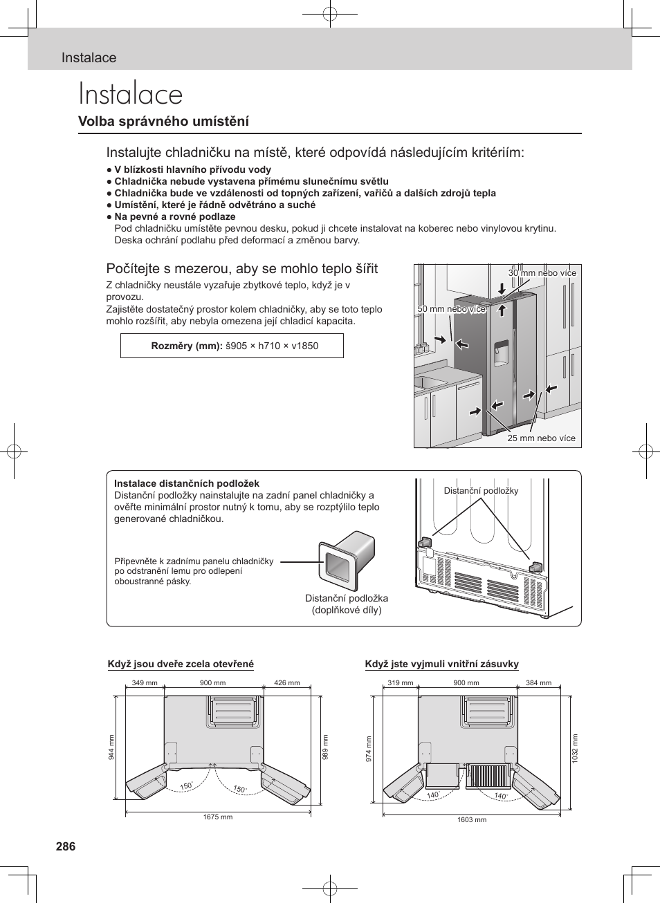 Instalace, Počítejte s mezerou, aby se mohlo teplo šířit | Panasonic NRB54X1 User Manual | Page 286 / 316