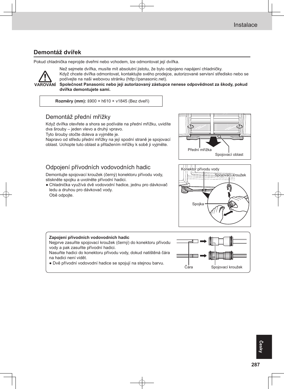 Instalace, Demontáž dvířek, Demontáž přední mřížky | Odpojení přívodních vodovodních hadic | Panasonic NRB54X1 User Manual | Page 287 / 316