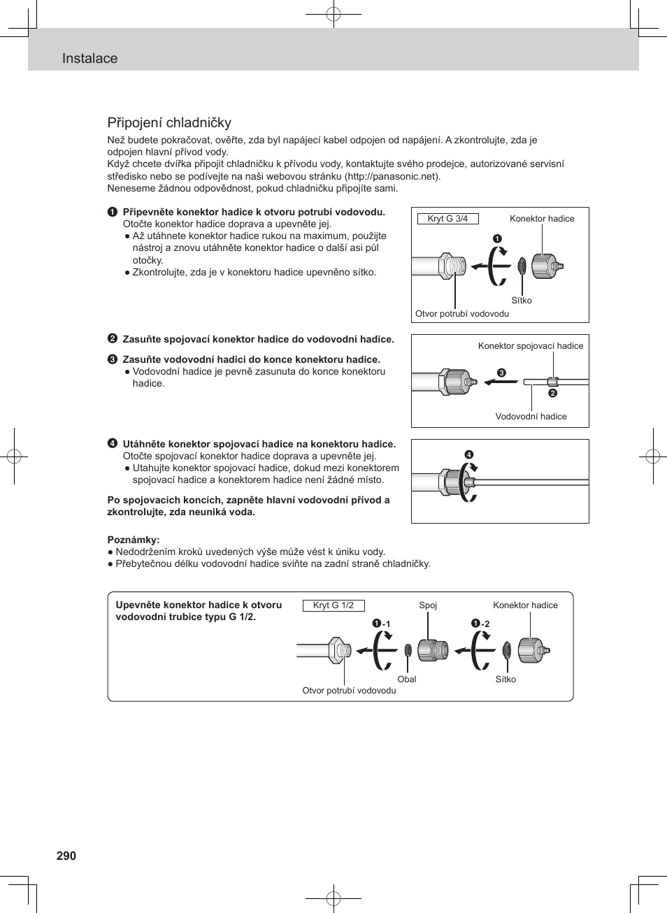 Instalace připojení chladničky | Panasonic NRB54X1 User Manual | Page 290 / 316