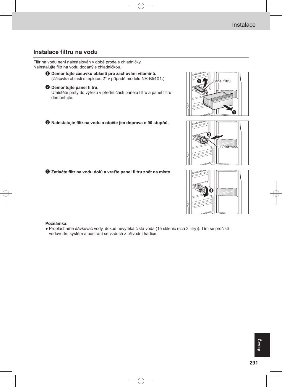 Instalace, Instalace filtru na vodu | Panasonic NRB54X1 User Manual | Page 291 / 316