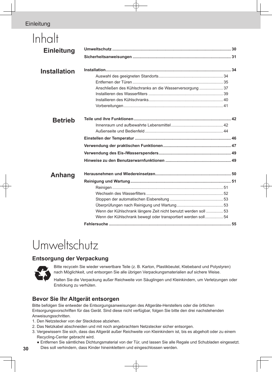 Umweltschutz, Inhalt, Einleitung | Installation, Betrieb, Anhang | Panasonic NRB54X1 User Manual | Page 30 / 316